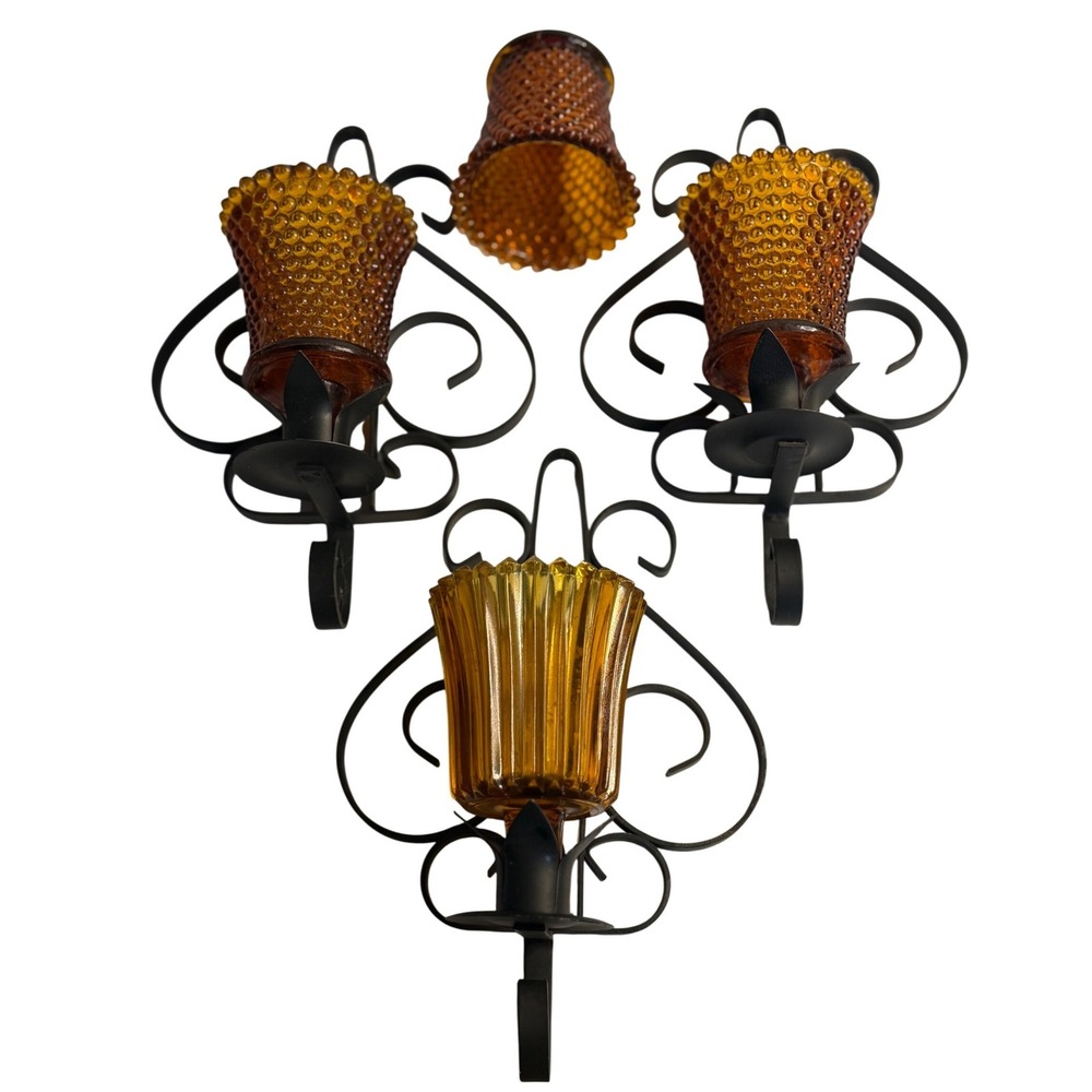 VTG Homco Wall Sconce Candle Holders Amber Hobnail Ribbed Glass Black Metal X 3